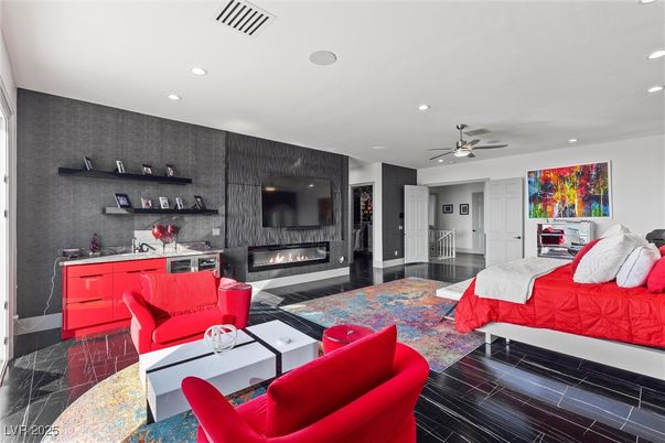 Bedroom, Fireplace, Interior, Living room, Marble, Recessed Lighting