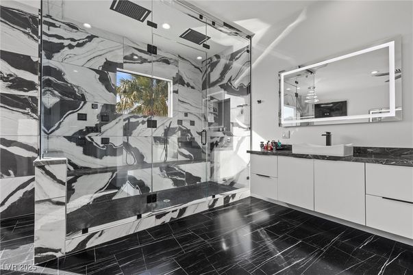 Bathroom, Glass Shower, Interior, Marble, Marble Walls, Pendant Lights, Recessed Lighting