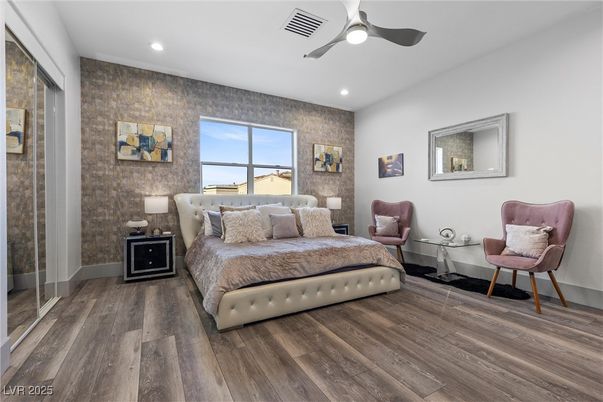 Bedroom, Interior, Recessed Lighting, Stone Walls, Wood Texture Flooring