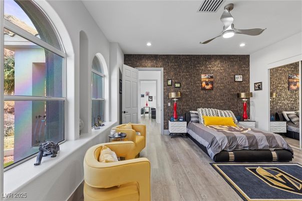 Bedroom, Interior, Recessed Lighting, Stone Walls, Wood Texture Flooring