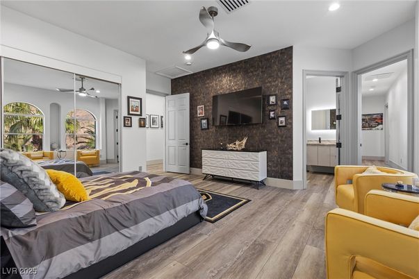 Bedroom, Interior, Recessed Lighting, Wood Texture Flooring