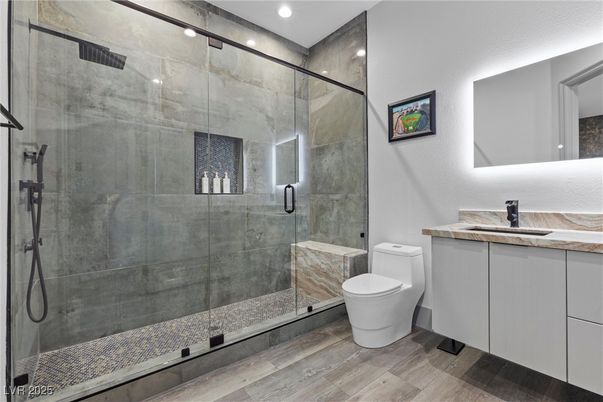 Bathroom, Glass Shower, Interior, Recessed Lighting, Wood Texture Flooring