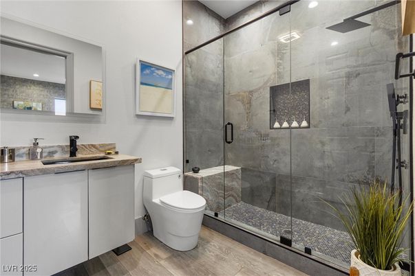 Bathroom, Glass Shower, Interior, Recessed Lighting, Wood Texture Flooring