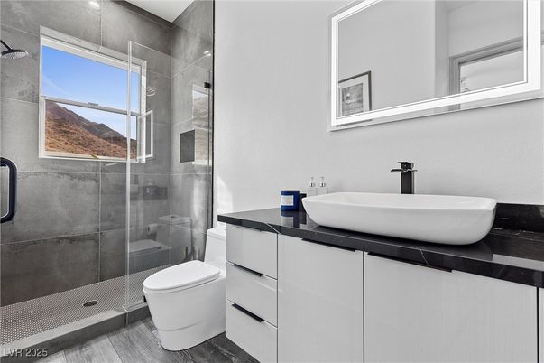 Bathroom, Glass Shower, Interior, Wood Texture Flooring