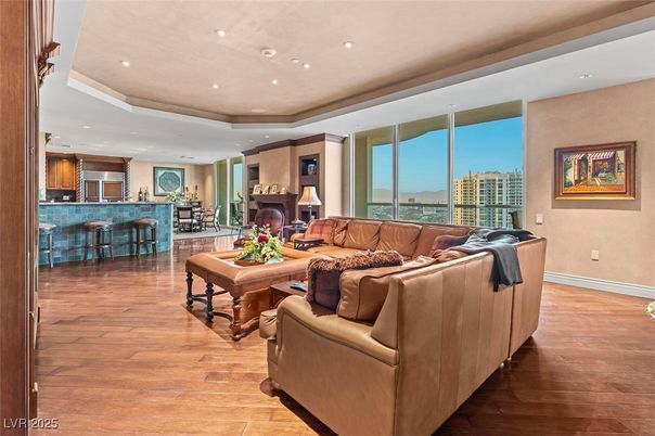 Dining room, Interior, Kitchen, Living room, Recessed Lighting, Stainless Steel Appliances, Wood Texture Flooring
