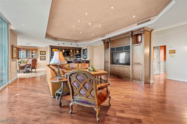 Dining room, Interior, Pendant Lights, Recessed Lighting, Wood Texture Flooring
