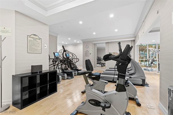 Fitness Equipment, Gym, Interior, Recessed Lighting, Wood Texture Flooring
