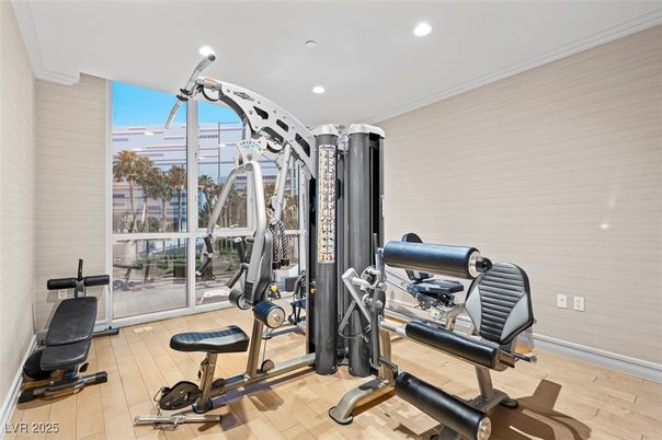Fitness Equipment, Interior, Recessed Lighting, Wood Texture Flooring