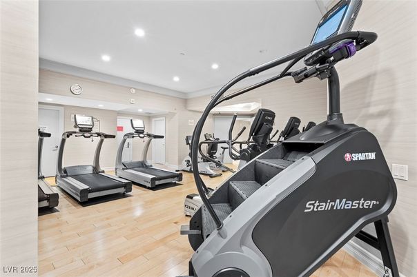 Fitness Equipment, Gym, Interior, Recessed Lighting, Wood Texture Flooring
