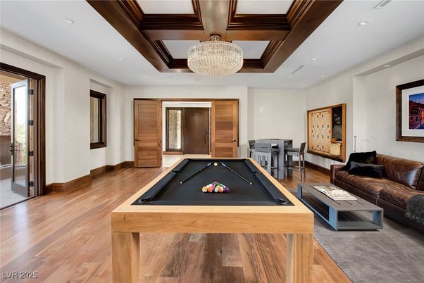 Billiard Table, Chandelier, Game Room, Interior, Living room, Recessed Lighting, Wooden Beams, Wood Texture Flooring
