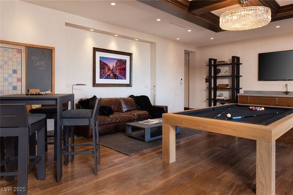 Billiard Table, Chandelier, Game Room, Interior, Recessed Lighting, Wooden Beams, Wood Texture Flooring