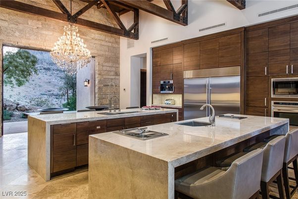 Chandelier, Interior, Kitchen, Stainless Steel Appliances, Wooden Beams