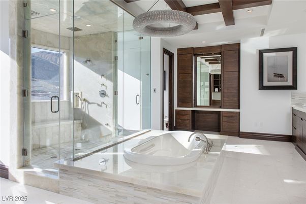 Bathroom, Glass Shower, Interior, Recessed Lighting, Wooden Beams