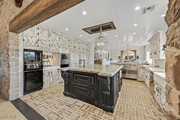 Chandelier, Interior, Kitchen, Recessed Lighting, Stainless Steel Appliances, Stone Walls
