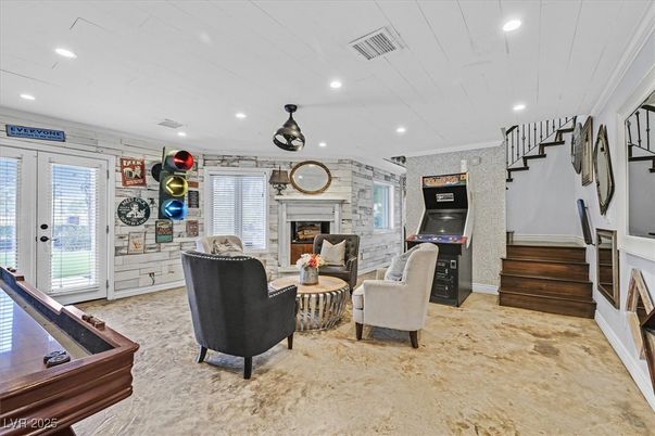 Fireplace, Interior, Living room, Recessed Lighting, Stone Walls