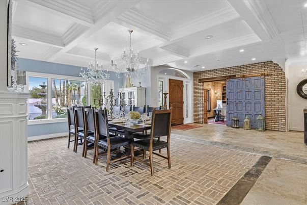 Chandelier, Dining room, Interior, Recessed Lighting, Stone Walls