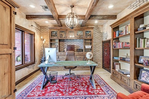 Home Office, Interior, Pendant Lights, Recessed Lighting, Stone Walls, Wooden Beams