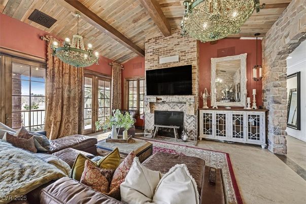 Chandelier, Fireplace, Interior, Living room, Stone Walls, Wooden Beams, Wooden Ceilings