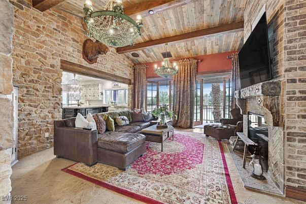 Chandelier, Fireplace, Interior, Kitchen, Living room, Pendant Lights, Piano, Stone Walls, Wooden Beams, Wooden Ceilings