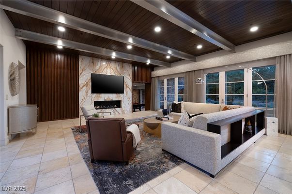 Fireplace, Interior, Living room, Recessed Lighting, Wooden Ceilings