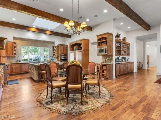 Chandelier, Dining room, Interior, Kitchen, Recessed Lighting, Wooden Beams, Wood Texture Flooring