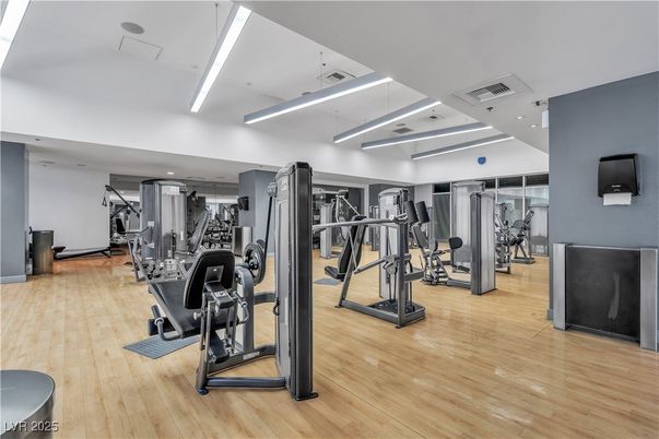 Fitness Equipment, Gym, Interior, Recessed Lighting, Wood Texture Flooring