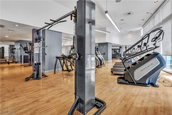 Fitness Equipment, Gym, Interior, Recessed Lighting, Wood Texture Flooring