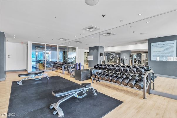 Fitness Equipment, Gym, Interior, Recessed Lighting, Wood Texture Flooring