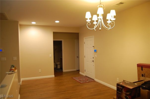 Chandelier, Empty room, Interior, Recessed Lighting, Wood Texture Flooring