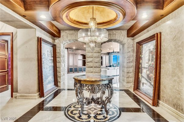 Chandelier, Interior, Recessed Lighting, Stone Walls, Wooden Ceilings