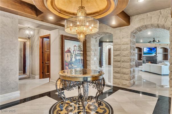 Chandelier, Fireplace, Interior, Recessed Lighting, Stone Walls