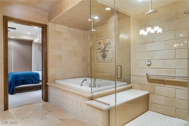 Bathroom, Glass Shower, Interior, Recessed Lighting, Stone Walls