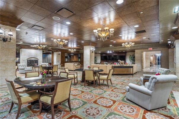 Chandelier, Dining room, Fireplace, Interior, Living room, Recessed Lighting
