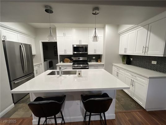 Interior, Kitchen, Pendant Lights, Stainless Steel Appliances, Wood Texture Flooring