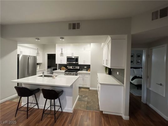 Interior, Kitchen, Pendant Lights, Stainless Steel Appliances, Wood Texture Flooring
