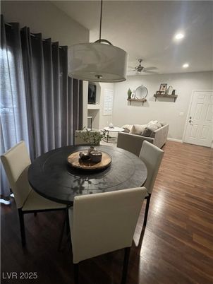 Dining room, Interior, Living room, Recessed Lighting, Wood Texture Flooring