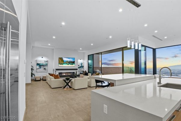 Fireplace, Interior, Kitchen, Living room, Pendant Lights, Recessed Lighting, Water
