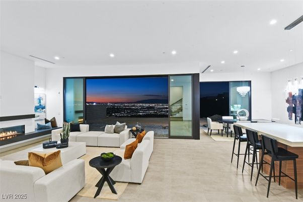 Dining room, Fireplace, Interior, Living room, Pendant Lights, Recessed Lighting, Water