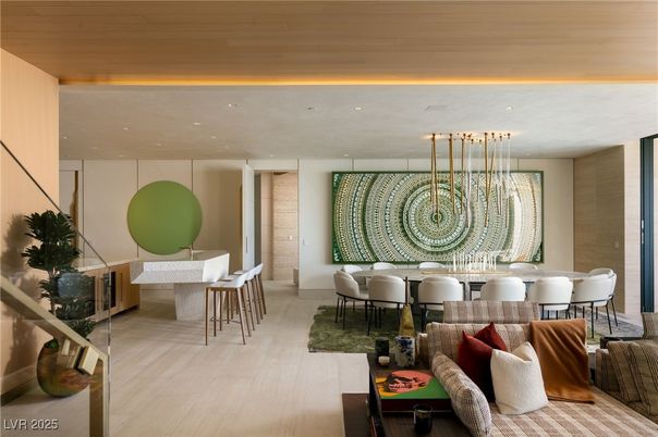 Dining room, Interior, Living room, Pendant Lights, Recessed Lighting, Wood Texture Flooring