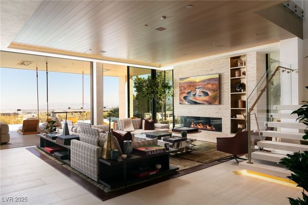 Fireplace, Interior, Living room, Recessed Lighting, Stone Walls, Wooden Ceilings, Wood Texture Flooring