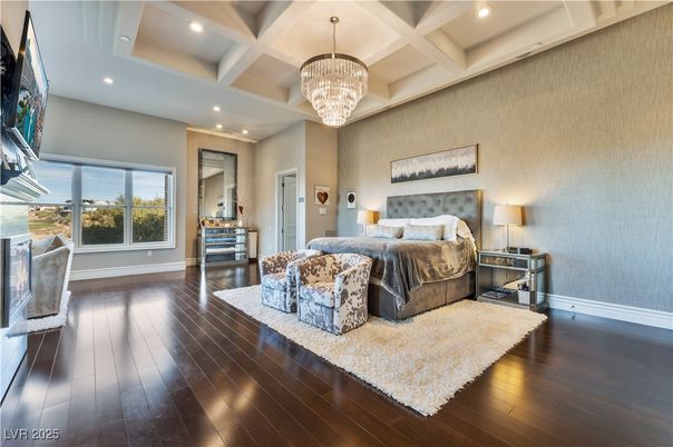 Bedroom, Chandelier, Interior, Recessed Lighting, Wood Texture Flooring