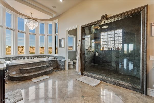 Bathroom, Chandelier, Glass Shower, Interior, Recessed Lighting