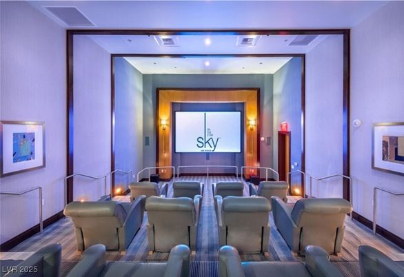 Interior, Projection Screen, Recessed Lighting, Theatre Room, Wood Texture Flooring