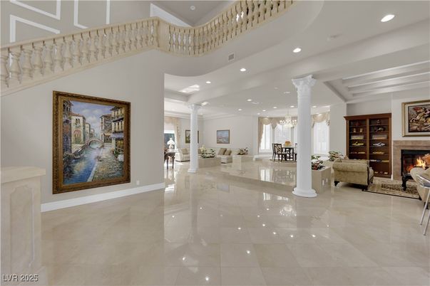 Chandelier, Dining room, Fireplace, Interior, Living room, Recessed Lighting