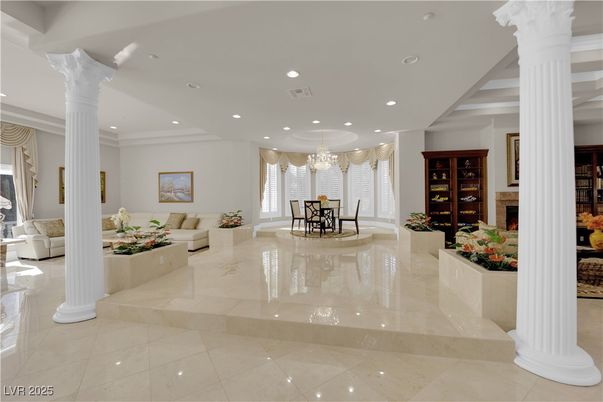 Chandelier, Dining room, Fireplace, Interior, Living room, Recessed Lighting