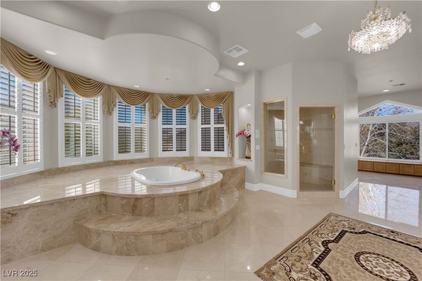 Bathroom, Chandelier, Glass Shower, Interior, Recessed Lighting