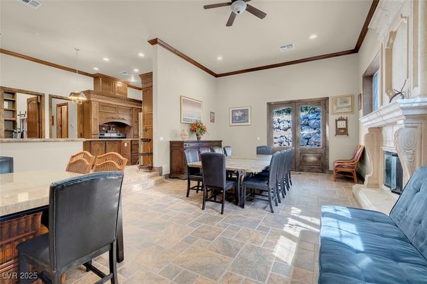 Dining room, Fireplace, Interior, Kitchen, Pendant Lights, Recessed Lighting