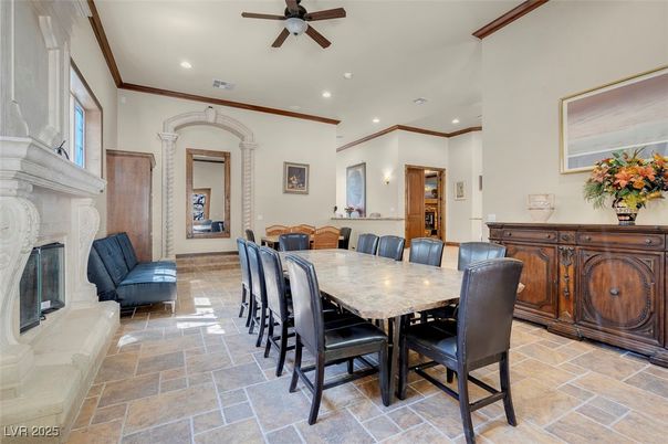 Dining room, Fireplace, Interior, Recessed Lighting