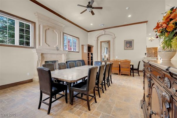 Dining room, Fireplace, Interior, Recessed Lighting