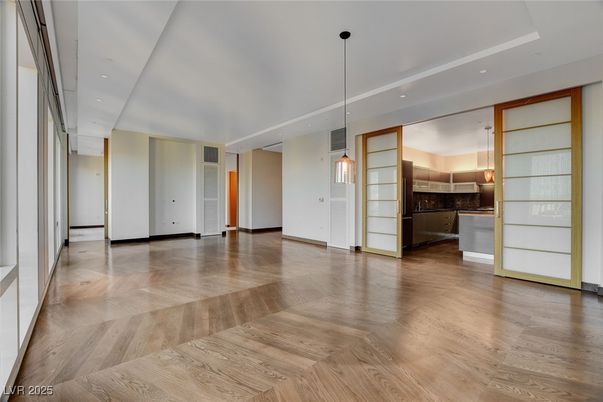 Empty room, Interior, Kitchen, Pendant Lights, Recessed Lighting, Wood Texture Flooring